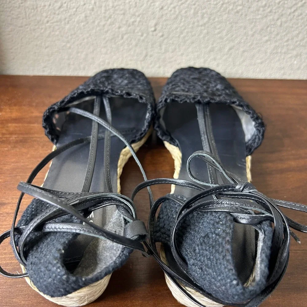 Stuart Weitzman Espadrille 8 Black Crochet‎ Lace Wedge Ankle Lace Up Sandals